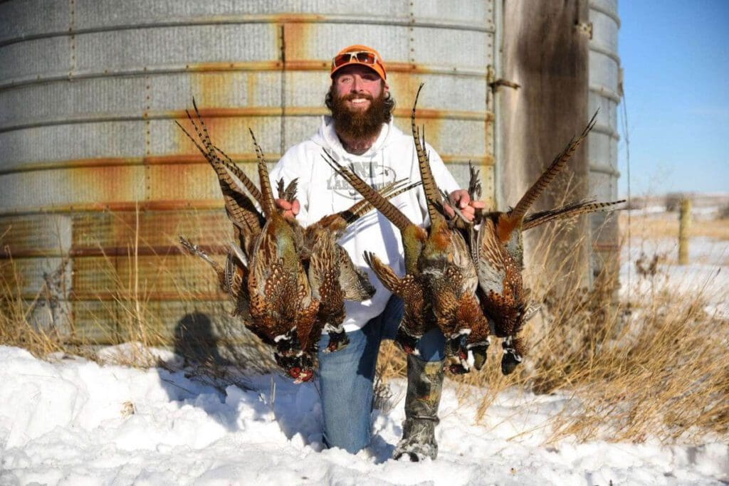 Man kneels on the snow with pheasants in his hands