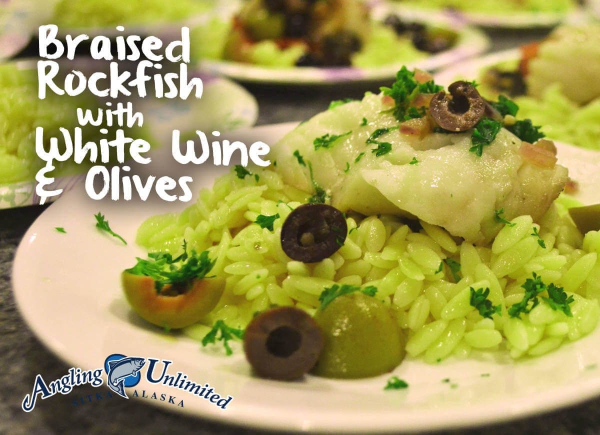 Braised alaskan rockfish with white wine olives