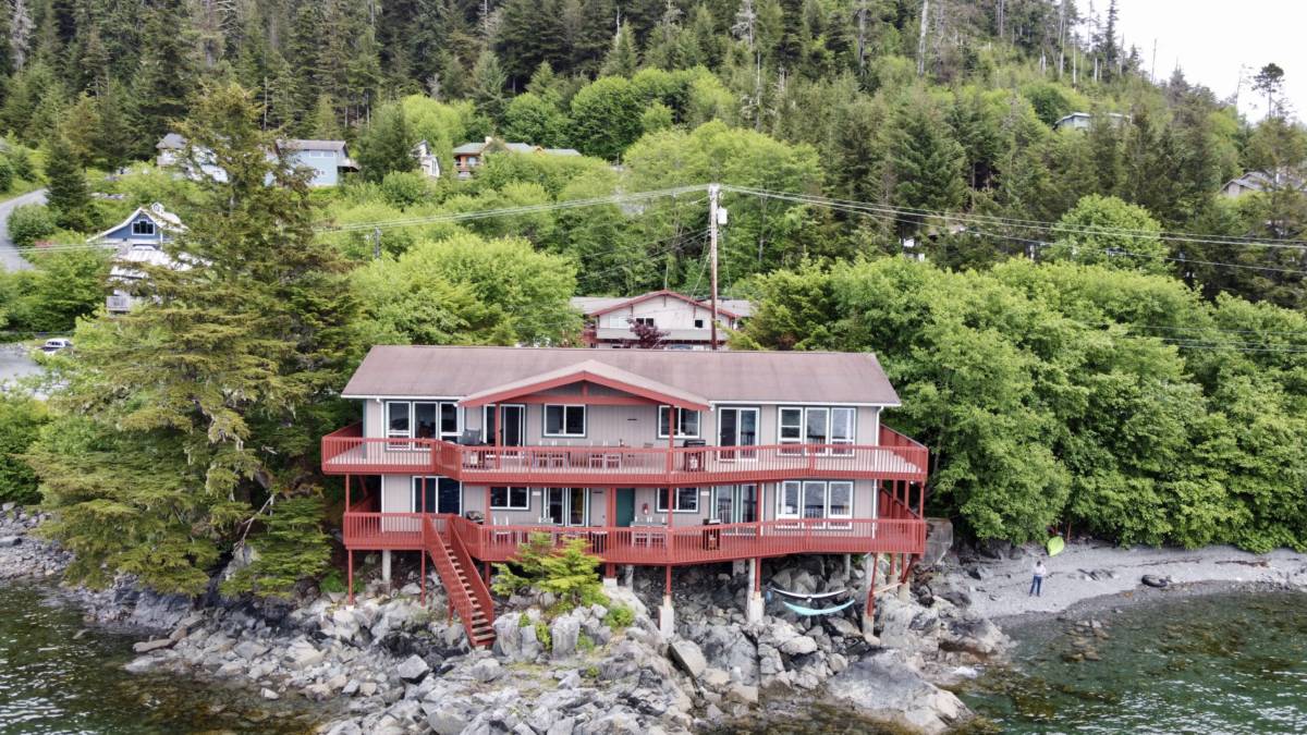 Aerial view of a waterfront suite lodging accommodation in Sitka, Alaska