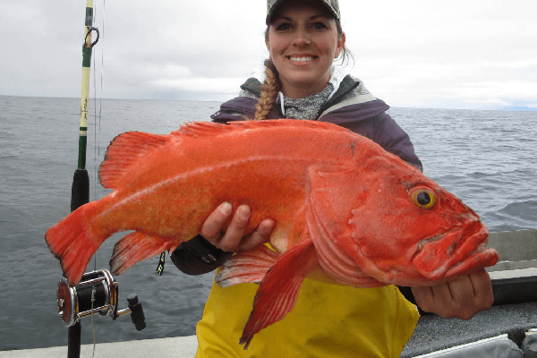 A woman stands in a boat in the water in Sitka, Alaska holding a bright orange non-pelagic rockfish
