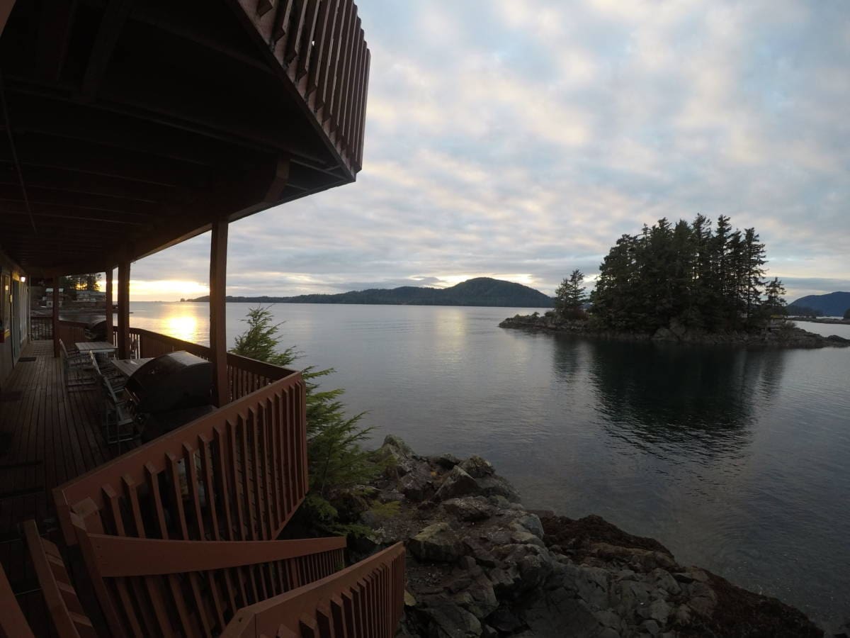 View from a balcony overlooking the water at a lodging accommodation in Sitka, Alaska