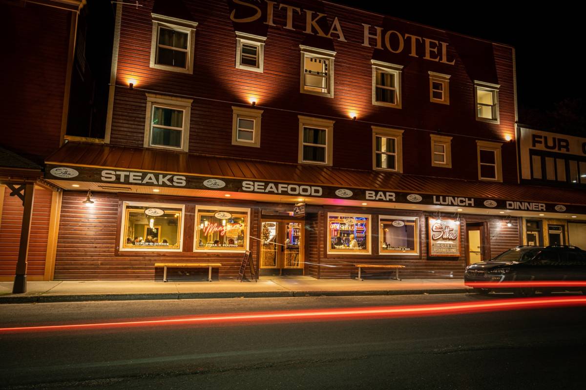 Outside of the Sitka Hotel at night in Sitka, Alaska